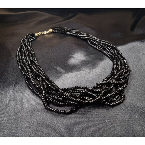 Vintage 1970s Trifari Necklace Multi Strand Black Bead Choker - Picture 3 of 5